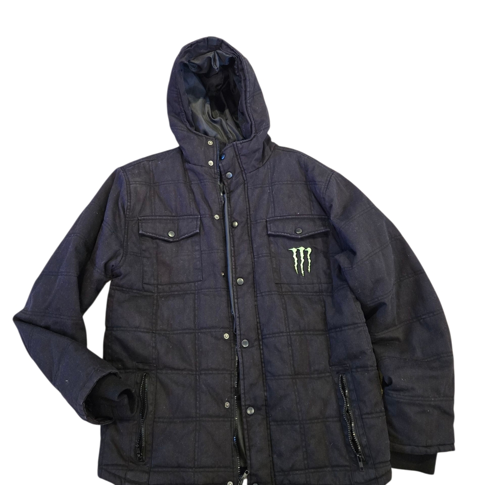 Men's Monster Energy Men's Black Hooded Heavy Winter Coat Size LARGE IN BLACK